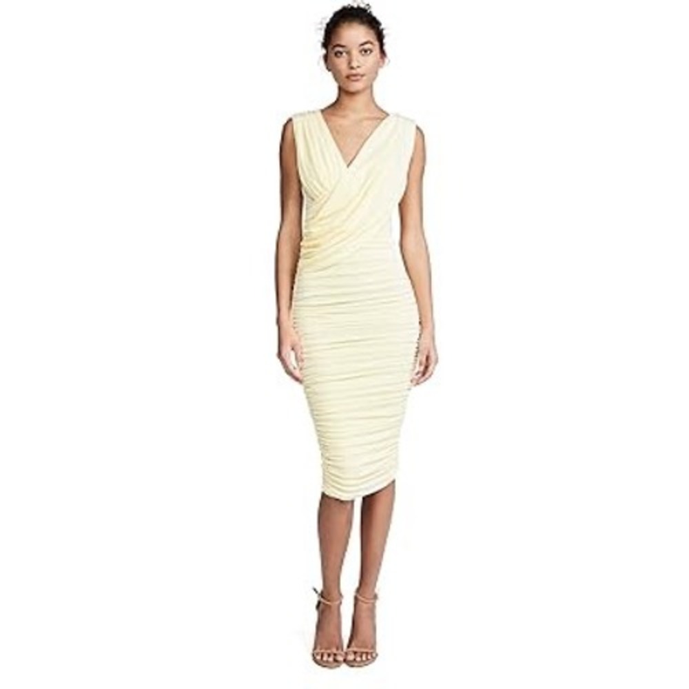 NWT MISHA Laney Slinky Dress Lemon Yellow Ruched Midi V-Neck Cocktail Dress Sz 2